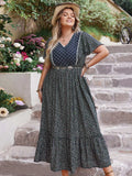 Plus Size Printed V-Neck Flutter Sleeve Midi Dress - Trendsi - Flyclothing LLC