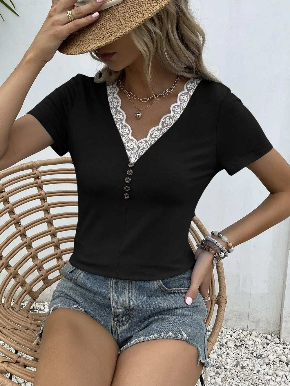 Lace Trim V-Neck Short Sleeve Blouse - Trendsi - Flyclothing LLC