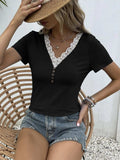 Lace Trim V-Neck Short Sleeve Blouse - Trendsi - Flyclothing LLC