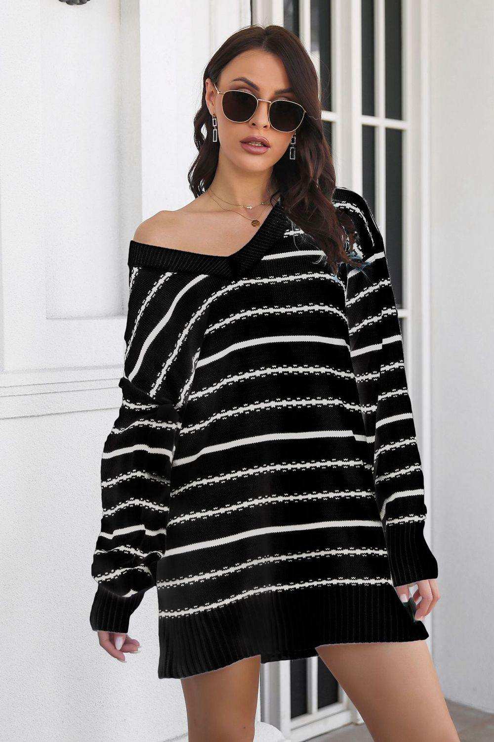 Striped V-Neck Sweater Dress - Trendsi - Flyclothing LLC