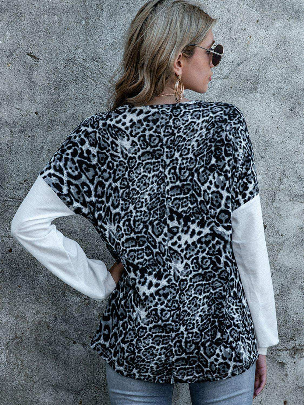 Leopard Decorative Button V-Neck Top - Trendsi - Flyclothing LLC