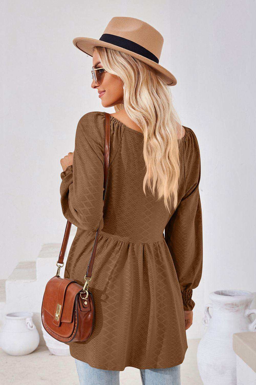 V-Neck Lantern Sleeve Blouse - Trendsi - Flyclothing LLC