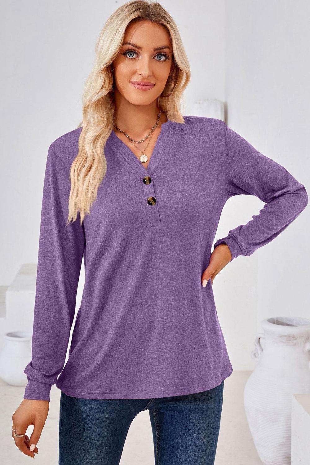 V-Neck Buttoned Long Sleeve Blouse - Trendsi - Flyclothing LLC
