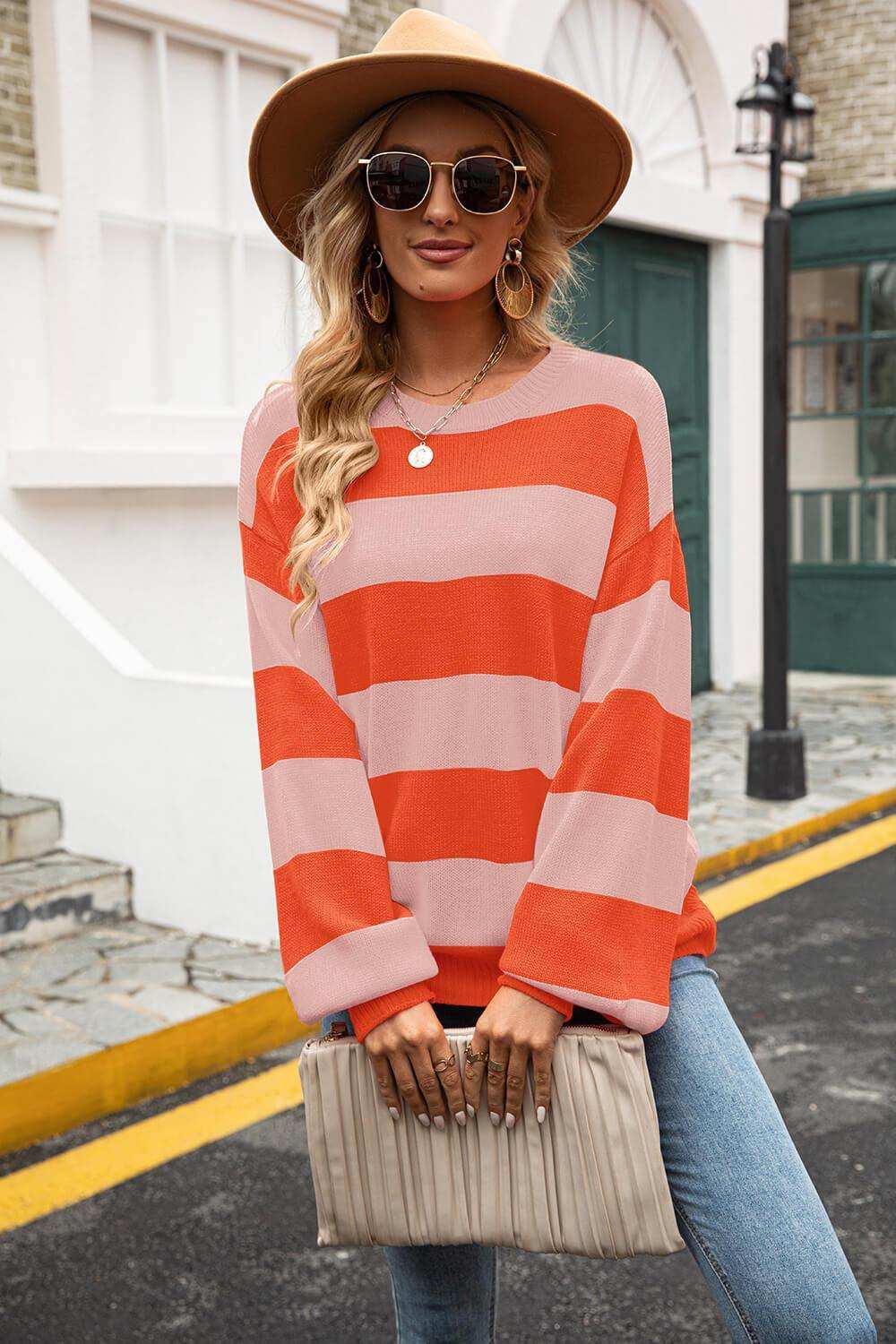 Striped Balloon Sleeve Knit Pullover - Trendsi - Flyclothing LLC