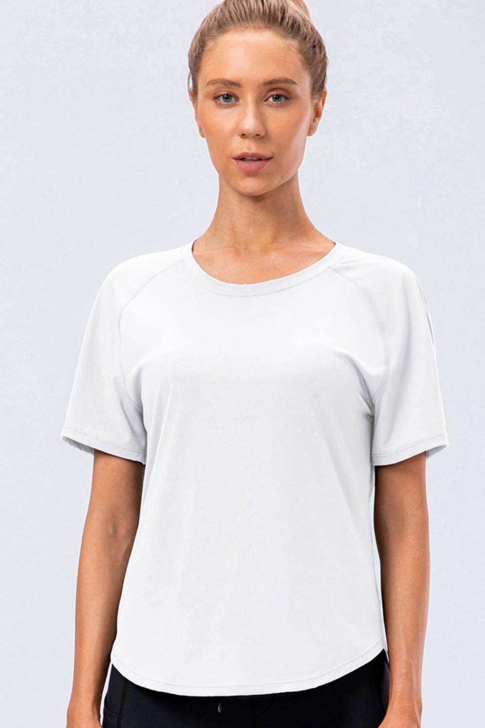 Round Neck Raglan Sleeve Active Tee - Trendsi - Flyclothing LLC