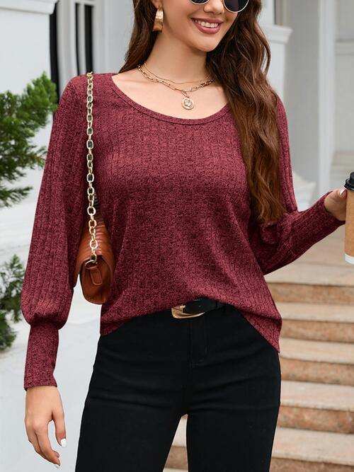 Ribbed Round Neck Lantern Sleeve Knit Top - Trendsi - Flyclothing LLC