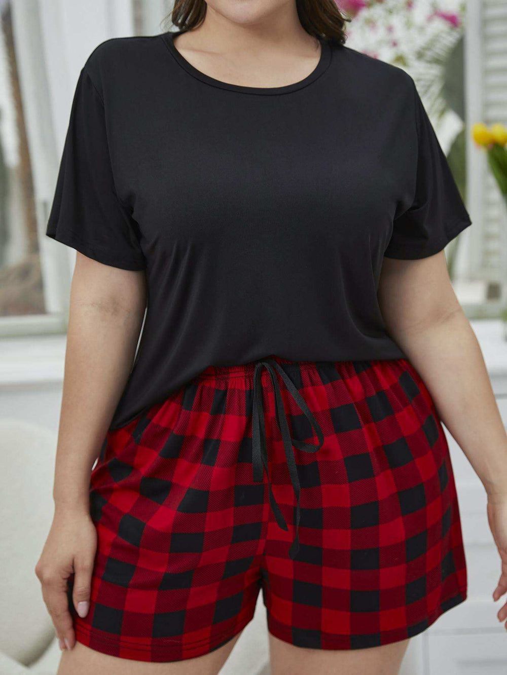 Plus Size Round Neck Tee Shirt and Plaid Shorts Lounge Set - Trendsi - Flyclothing LLC