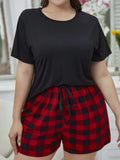 Plus Size Round Neck Tee Shirt and Plaid Shorts Lounge Set - Trendsi - Flyclothing LLC