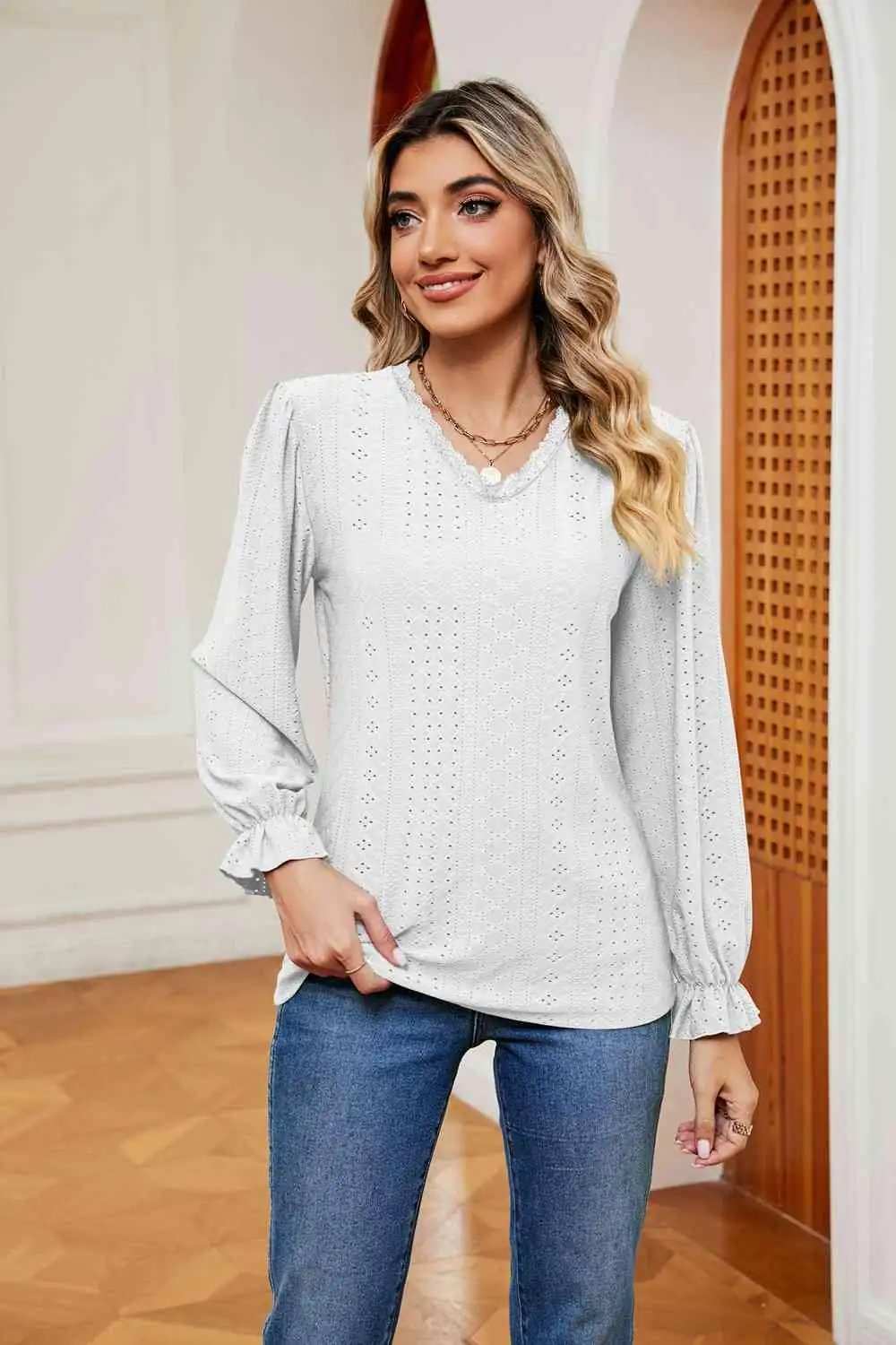 V-Neck Flounce Sleeve Blouse - Trendsi - Flyclothing LLC
