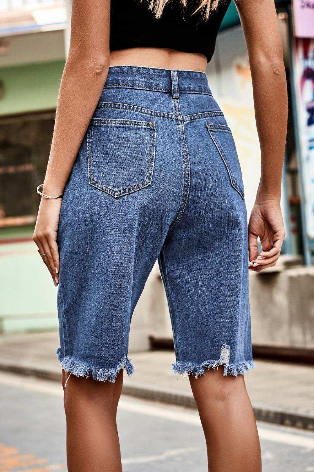 Raw Hem High Waist Denim Shorts with Pockets - Trendsi - Flyclothing LLC