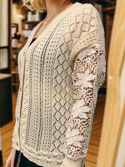 Eyelet Button Up Lantern Sleeve Cardigan - Trendsi - Flyclothing LLC