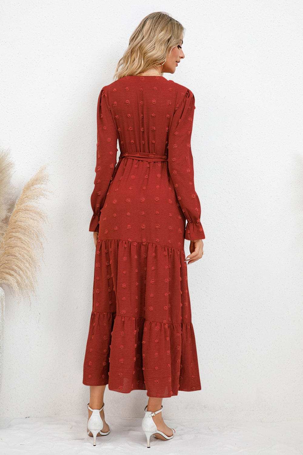 Swiss Dot Tied Surplice Flounce Sleeve Dress - Trendsi - Flyclothing LLC