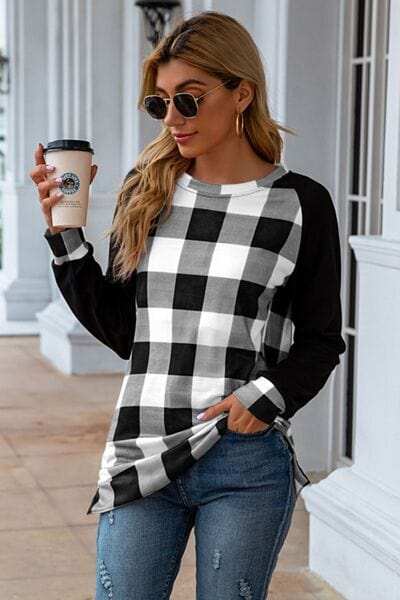 Plaid Round Neck Long Sleeve T-Shirt - Trendsi - Flyclothing LLC