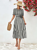 Striped Tie Belt Round Neck Puff Sleeve Dress - Trendsi - Flyclothing LLC