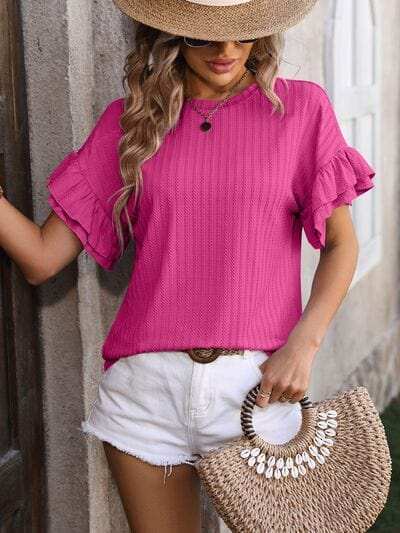 Ruffled Round Neck Short Sleeve Blouse - Trendsi - Flyclothing LLC