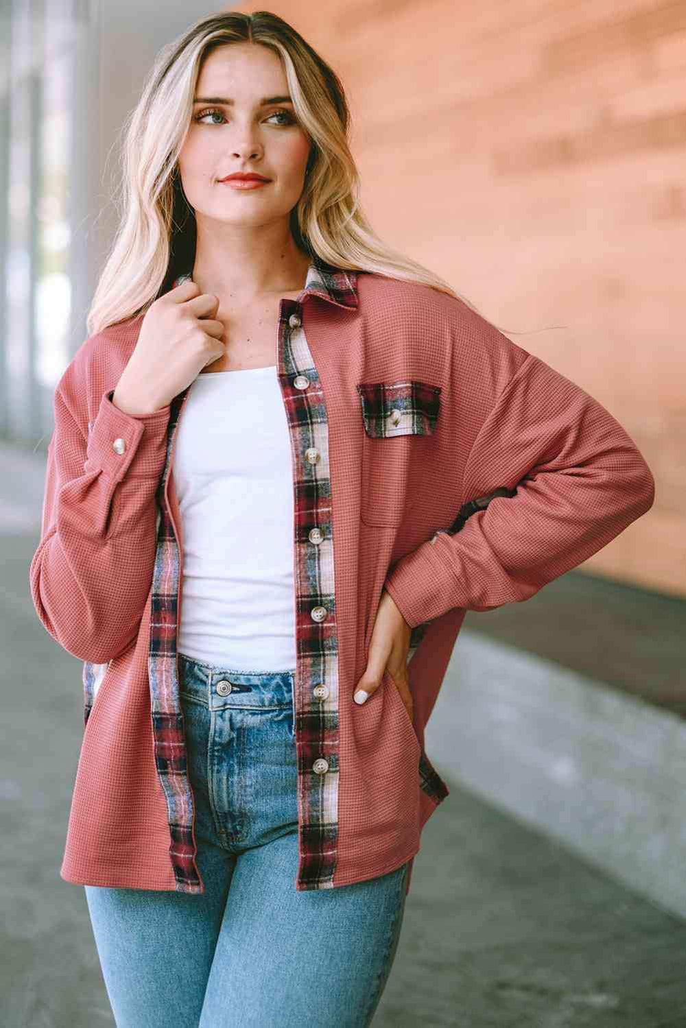 Plaid Button Down Collared Jacket - Trendsi - Flyclothing LLC