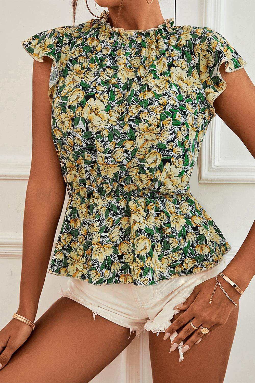 Floral Mock Neck Flutter Sleeve Peplum Top - Trendsi - Flyclothing LLC