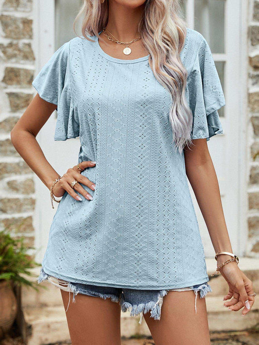 Round Neck Flutter Sleeve Blouse - Trendsi - Flyclothing LLC