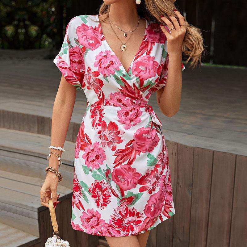 Floral Tied Short Sleeve Mini Dress - Trendsi - Flyclothing LLC