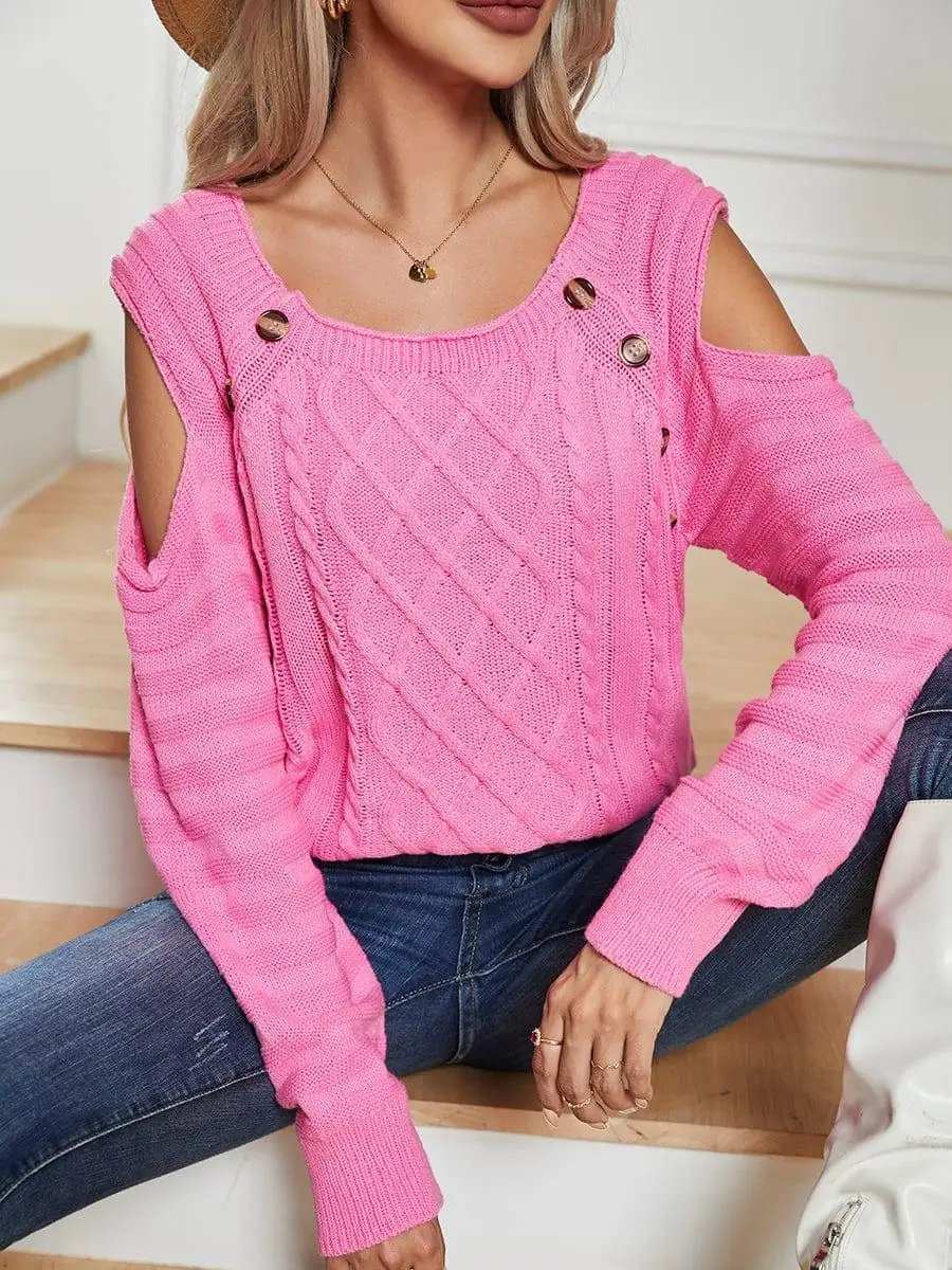 Decorative Button Cold-Shoulder Sweater - Trendsi - Flyclothing LLC
