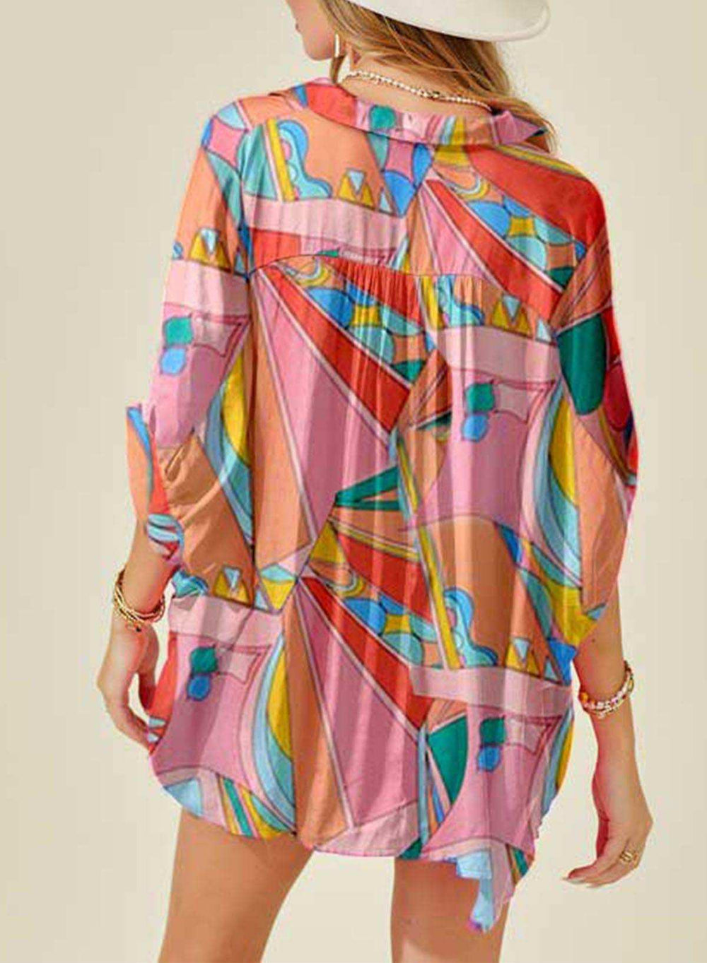 Printed Dolman Sleeve Collared Shirt - Trendsi - Flyclothing LLC