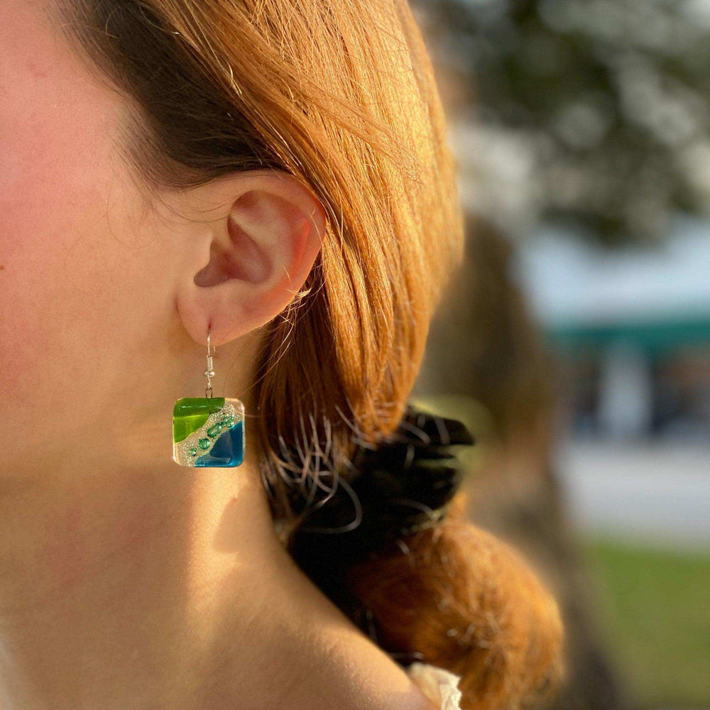 Square Glass Dangle Earrings, Blue Green Waves - Tili Glass - Calypso Glass - Flyclothing LLC