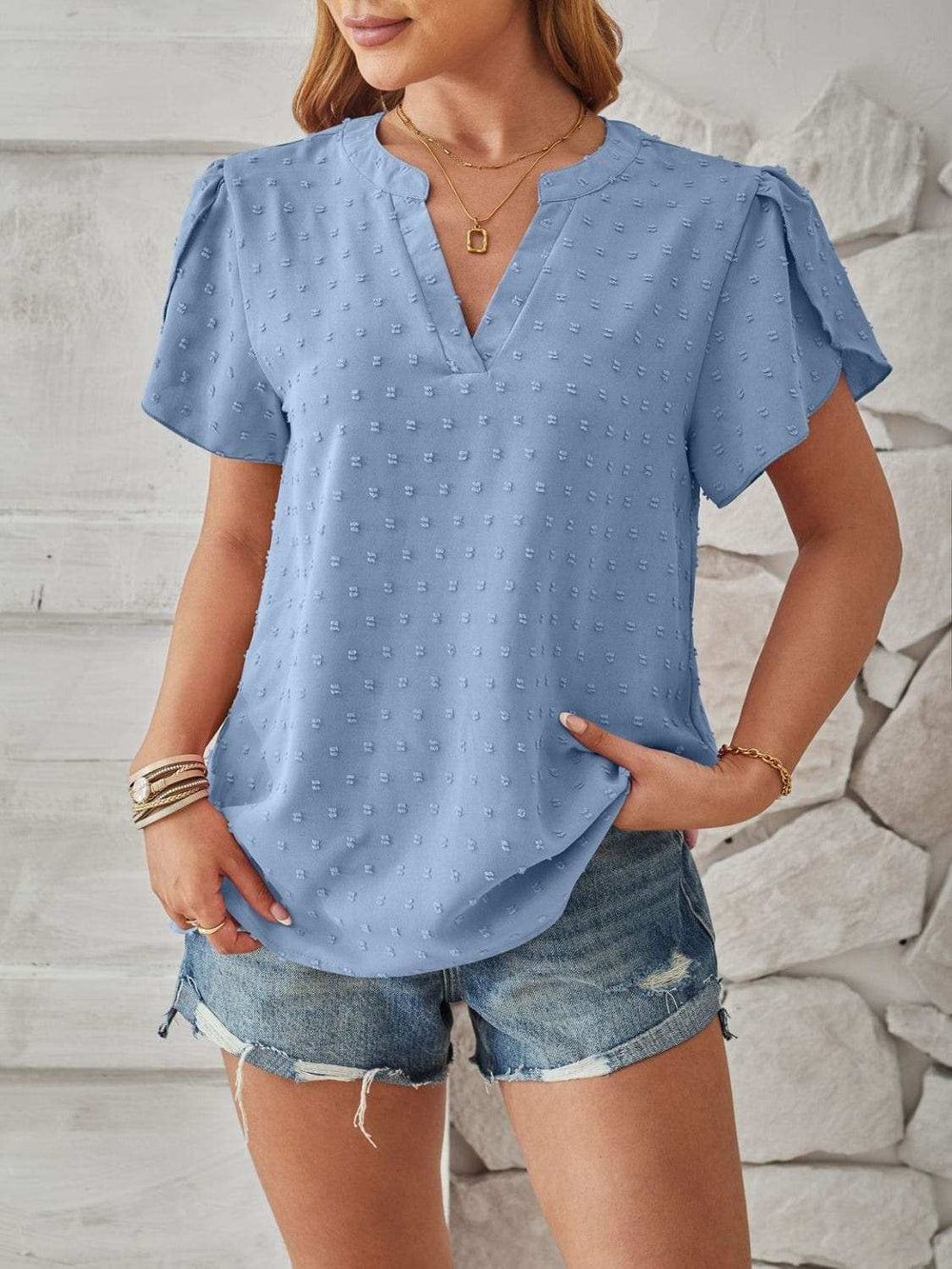 Swiss Dot Notched Petal Sleeve T-Shirt - Trendsi - Flyclothing LLC