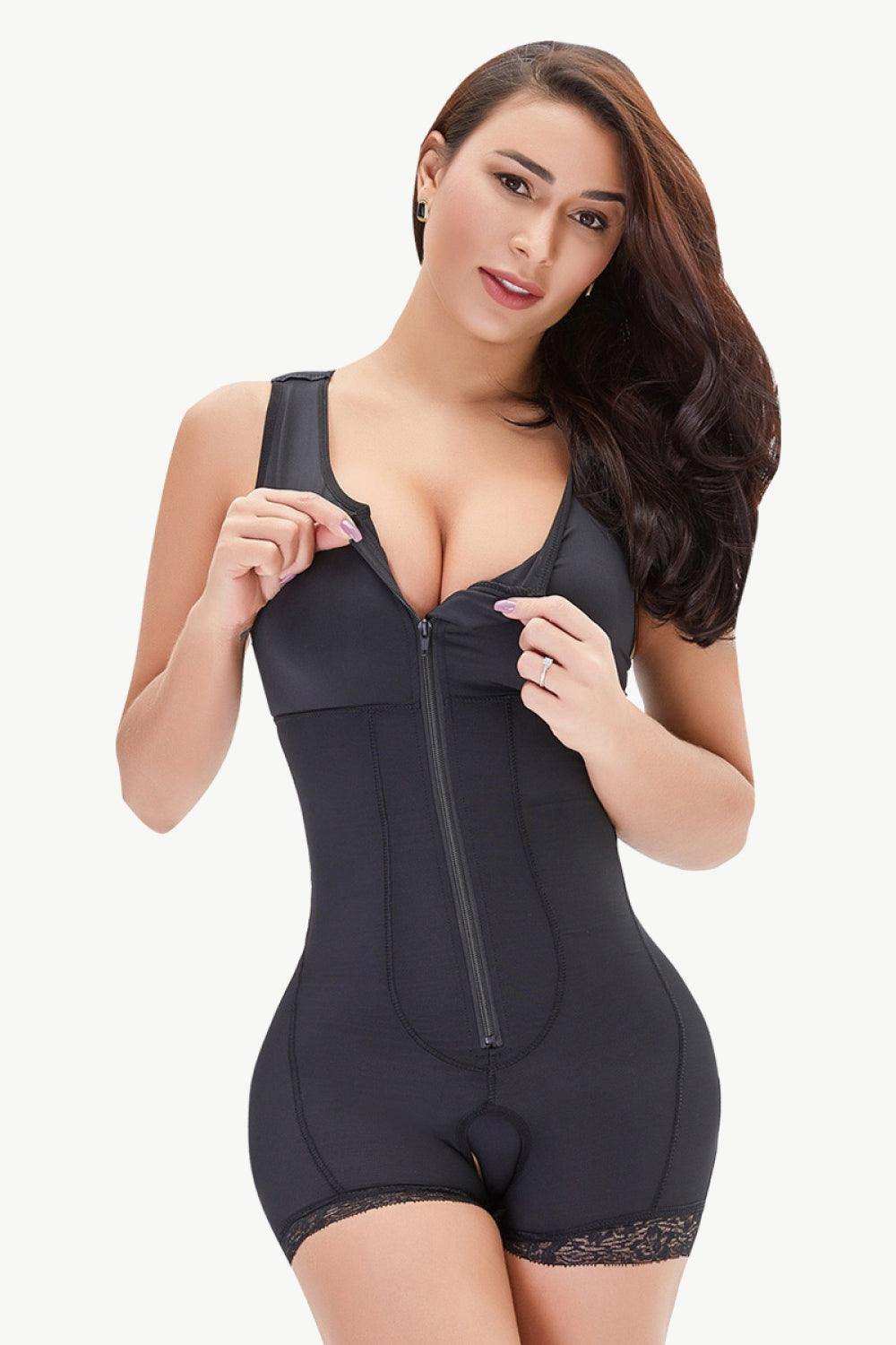 Full Size Zip-Up Scoop Neck Lace Trim Shapewear - Trendsi - Flyclothing LLC