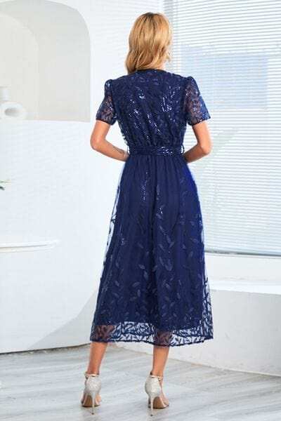 Sequin Leaf Embroidery Tie Front Short Sleeve Dress - Trendsi - Flyclothing LLC