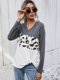 Leopard Color Block V-Neck Twisted Tee - Trendsi - Flyclothing LLC