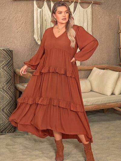 Plus Size Ruffled V-Neck Balloon Sleeve Dress - Trendsi - Flyclothing LLC
