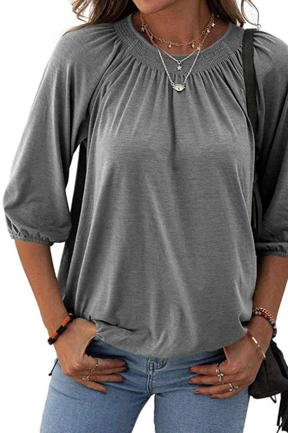 Gathered Detail Round Neck T-Shirt - Trendsi - Flyclothing LLC