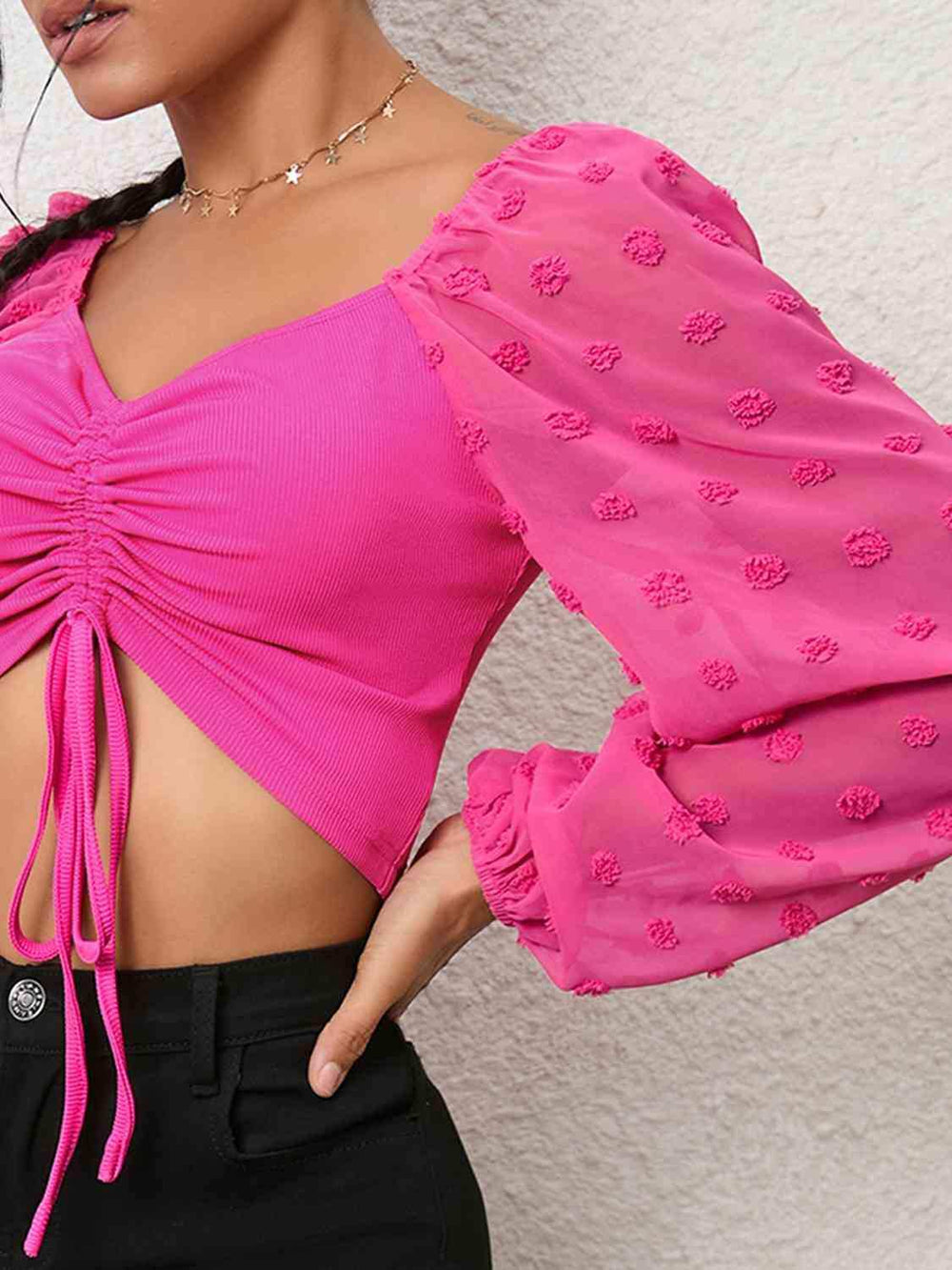 Swiss Dot Drawstring Cropped Blouse - Trendsi - Flyclothing LLC