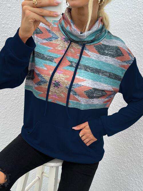 Geometric Drawstring Long-Sleeve Sweatshirt - Trendsi - Flyclothing LLC