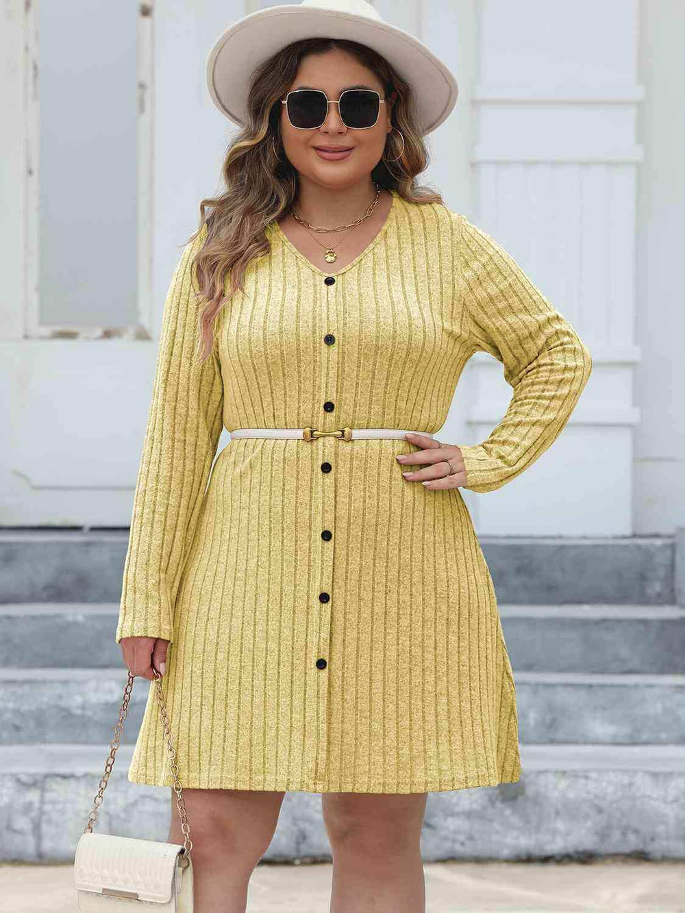Plus Size Ribbed Buttoned V-Neck Long Sleeve Dress - Trendsi - Flyclothing LLC