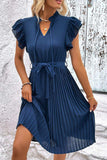 Tie Neck Belted Pleated Dress - Trendsi - Flyclothing LLC