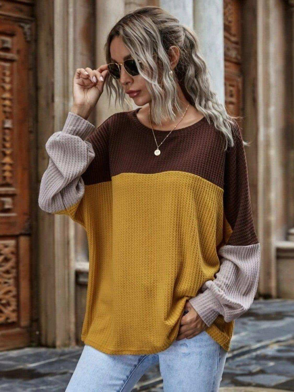 Color Block Waffle-Knit Long Sleeve Top - Trendsi - Flyclothing LLC