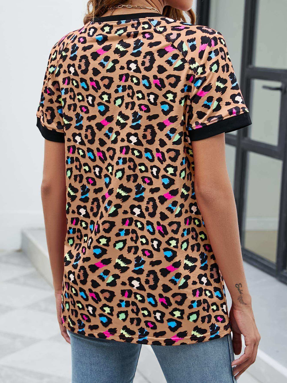 Leopard Round Neck Short Sleeve Tee Shirt - Trendsi - Flyclothing LLC