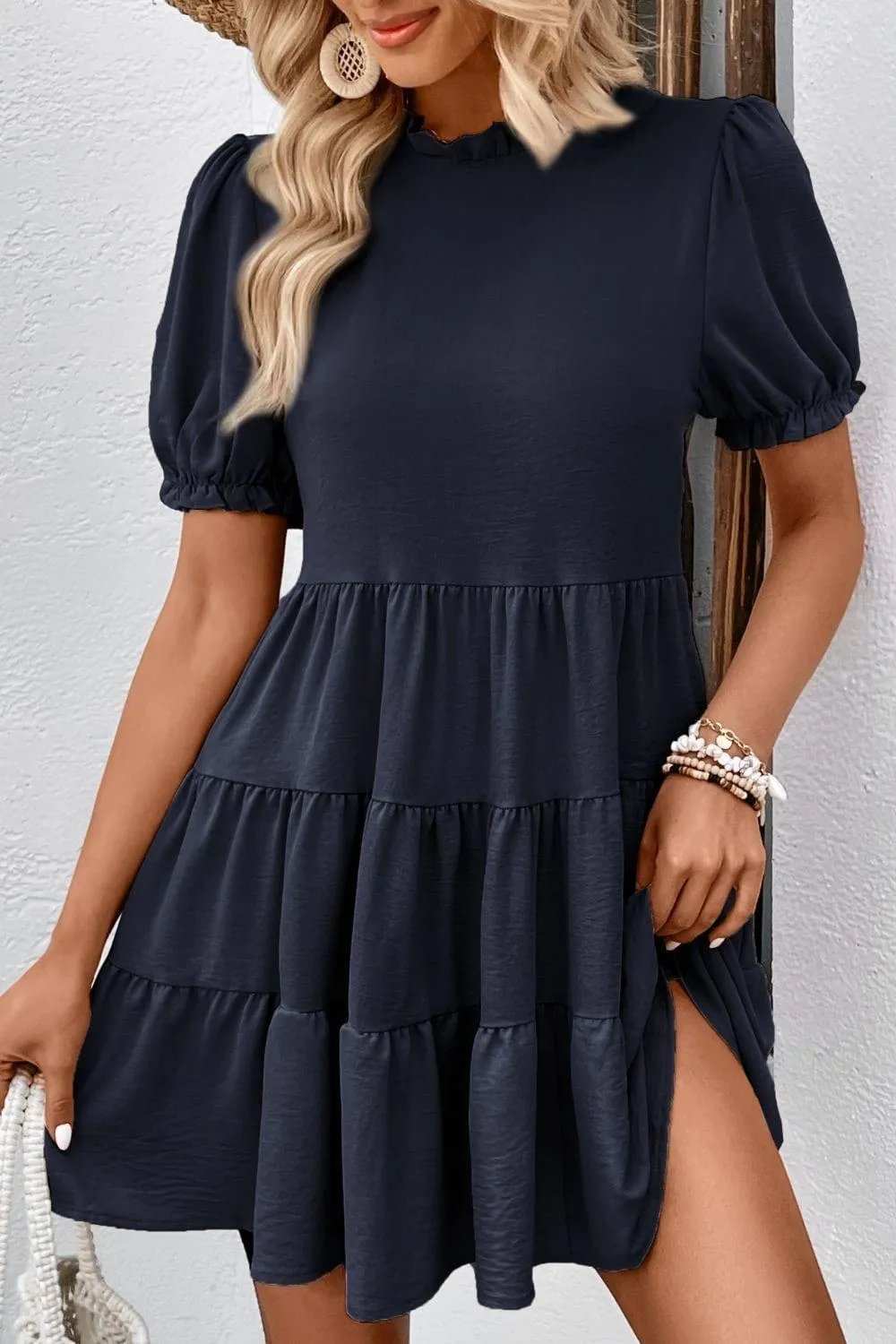 Puff Sleeve Tie Back Tiered Dress - Trendsi - Flyclothing LLC