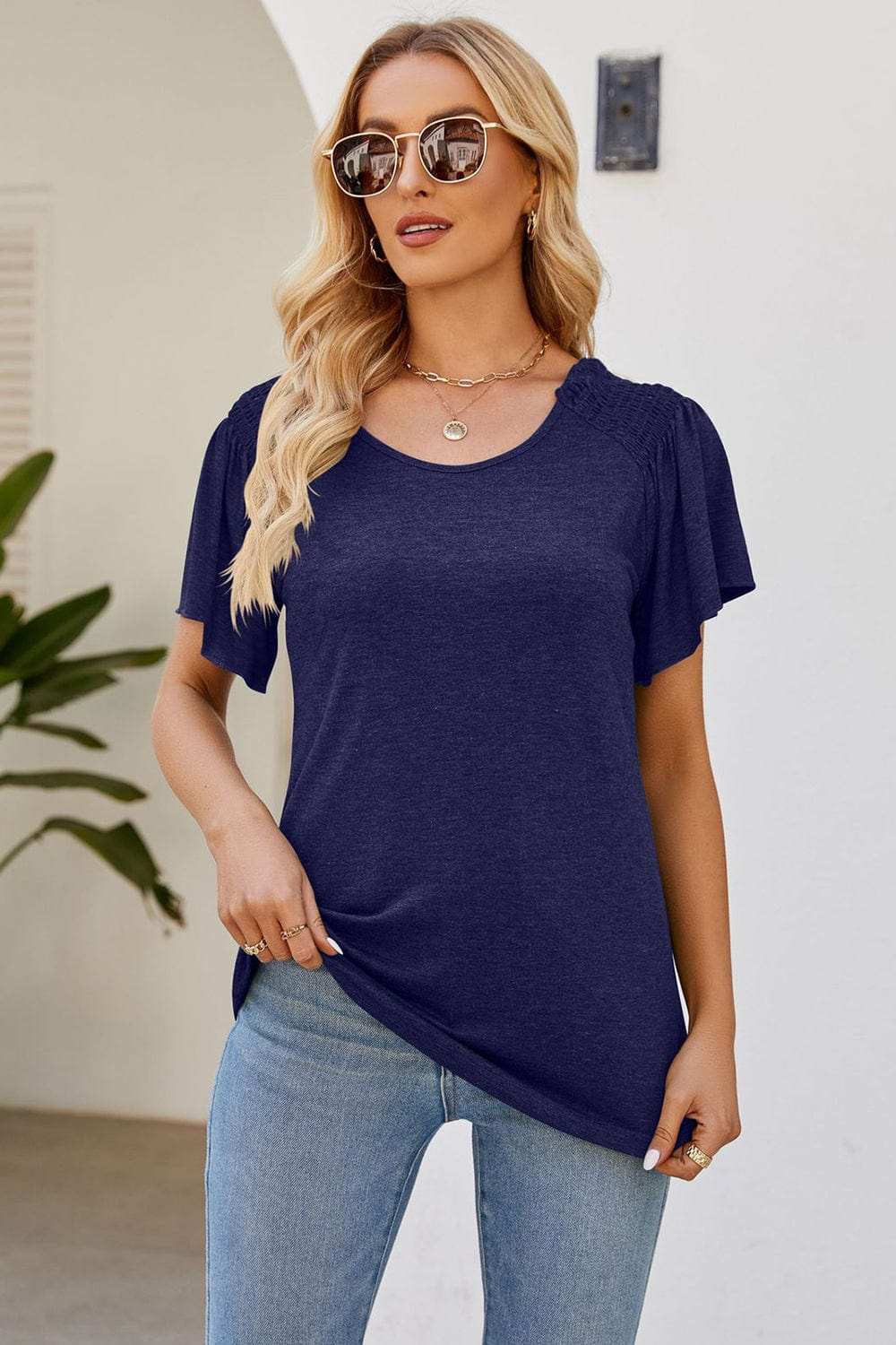 Smocked Round Neck Flutter Sleeve T-Shirt - Trendsi - Flyclothing LLC
