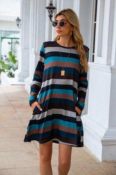 Striped Round Neck Long Sleeve Dress - Trendsi - Flyclothing LLC