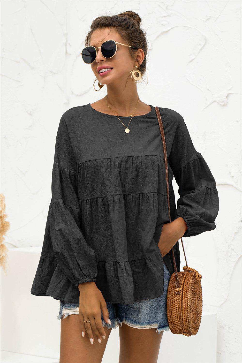 Round Neck Bubble Sleeve Tiered Blouse - Trendsi - Flyclothing LLC