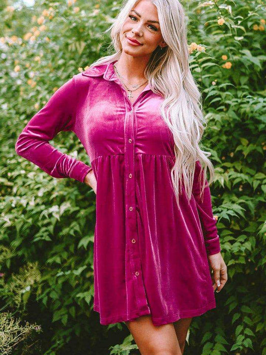 Collared Neck Buttoned Mini Dress - Trendsi - Flyclothing LLC