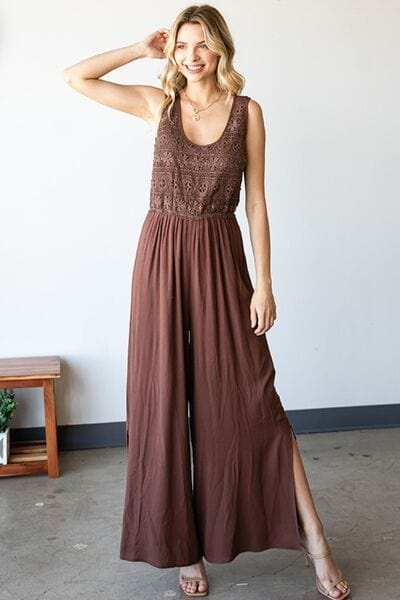 First Love Tie Back Sleeveless Slit Wide Leg Jumpsuit - Trendsi - Flyclothing LLC