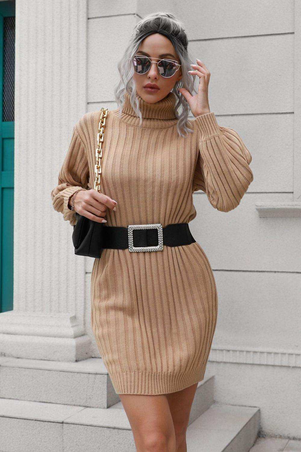Ribbed Turtle Neck Long Sleeve Mini Sweater Dress - Trendsi - Flyclothing LLC