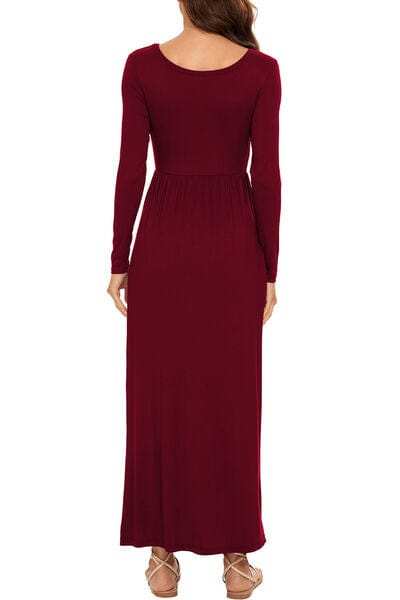 Round Neck Long Sleeve Pocketed Maxi Dress - Trendsi - Flyclothing LLC
