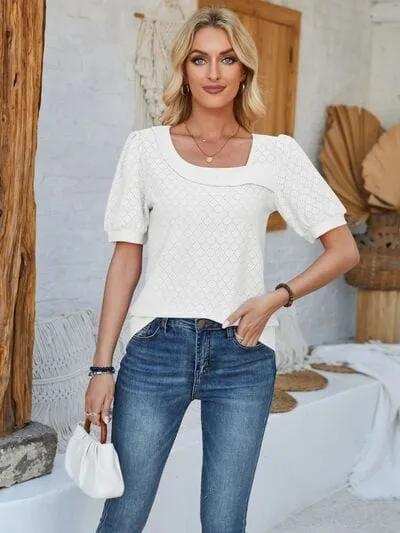 Eyelet Asymmetrical Neck Short Sleeve T-Shirt - Trendsi - Flyclothing LLC