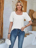 Eyelet Asymmetrical Neck Short Sleeve T-Shirt - Trendsi - Flyclothing LLC