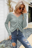 Waffle-Knit Drawstring Detail V-Neck Sweater - Trendsi - Flyclothing LLC