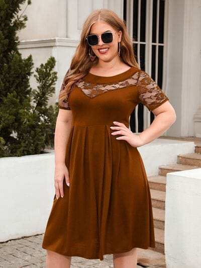 Plus Size Ruched Round Neck Short Sleeve Dress - Trendsi - Flyclothing LLC